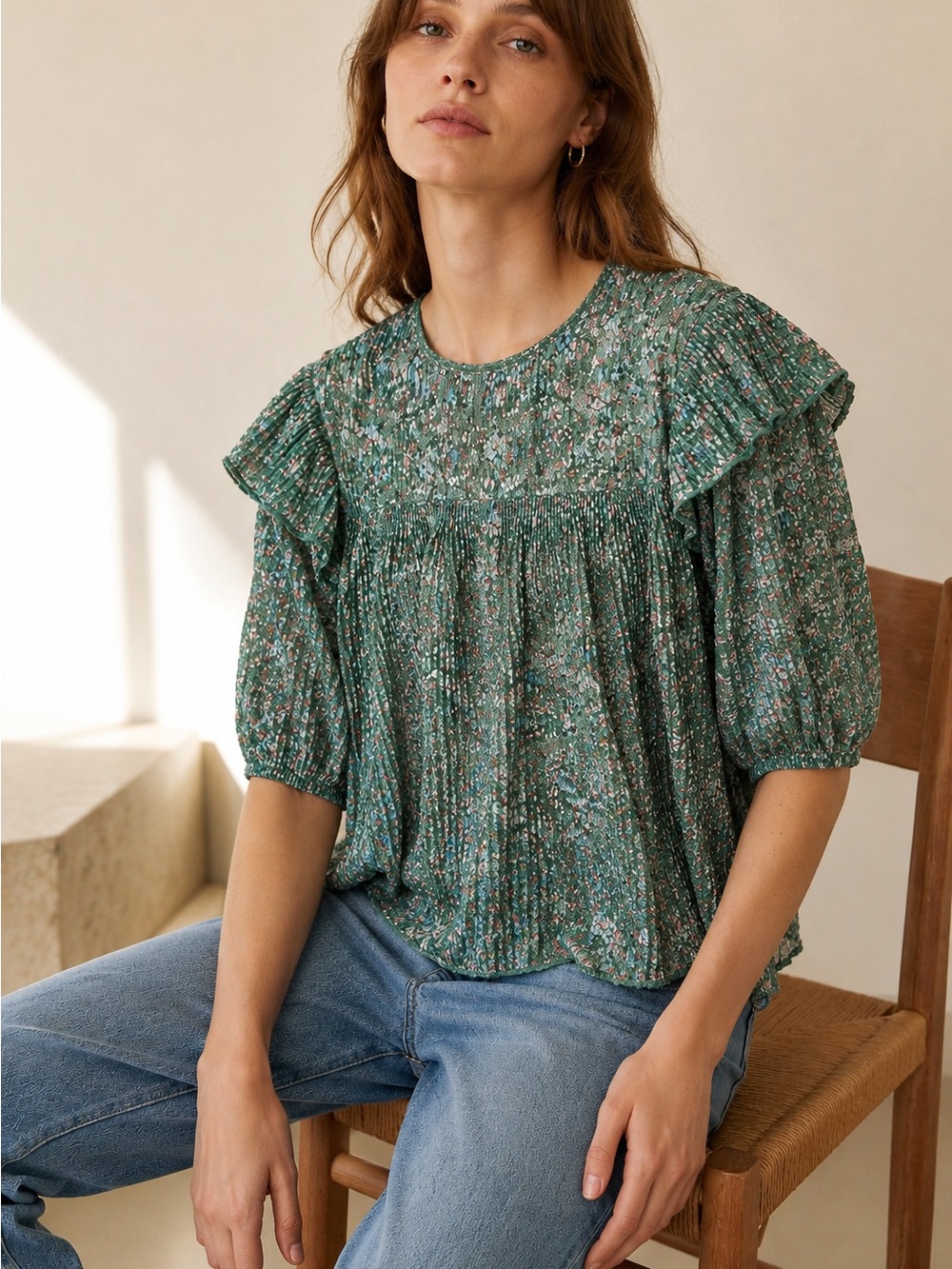 Anthropologie porridge boxy green floral layered pleated blouse